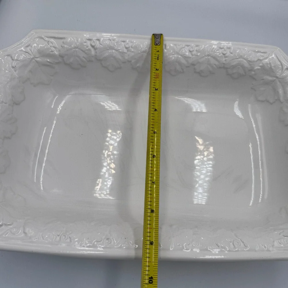 White Ceramic Rectangular Serving Dish Grape Leaf Border‎ 14 Inch Italy
